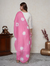 Off-white cotton suit with pink embroidered neckline